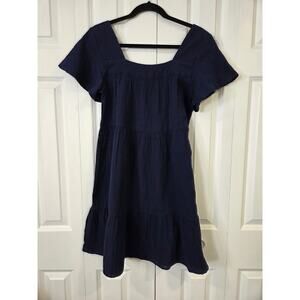 Beach Lunch Lounge Womens Mini Dress Medium Navy Blue Gauze Square Neck